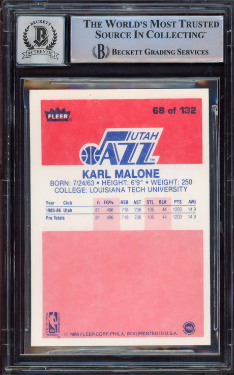 Karl Malone Autographed 1986-87 Fleer Rookie Card #68 Utah Jazz Auto Grade Gem Mint 10 Beckett BAS #15496653