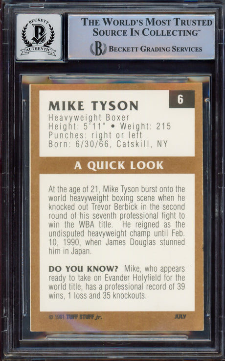 Mike Tyson Autographed 1991 Tuff Stuff Jr. Magazine Card #6 Auto Grade Gem Mint 10 Beckett BAS #15498036