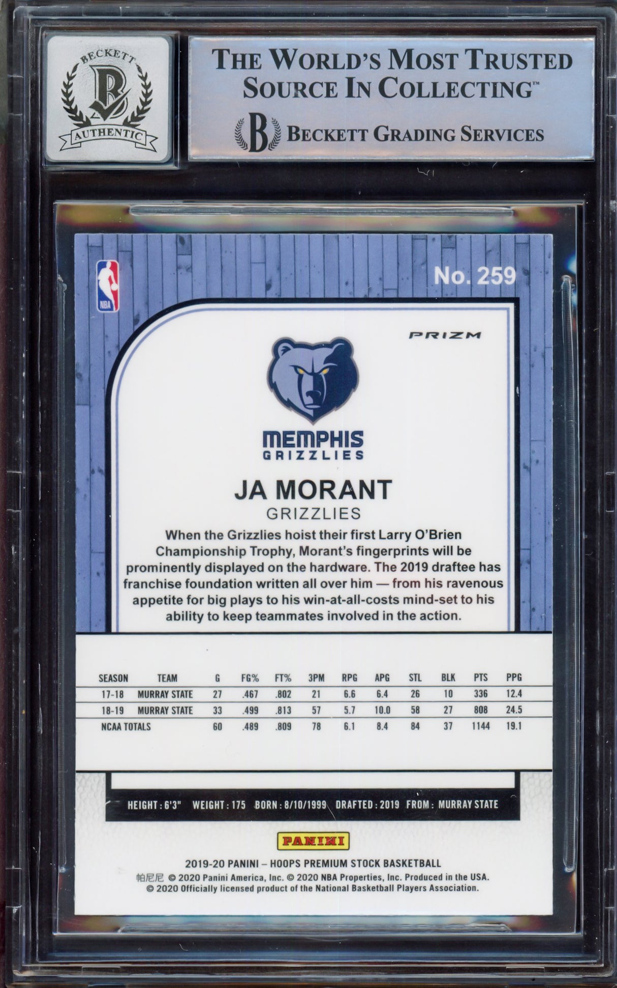 Ja Morant Autographed 2019-20 Hoops Premium Stock Prizms Pulsar Rookie Card #259 Memphis Grizzlies Auto Grade Gem Mint 10 Beckett BAS #15249213