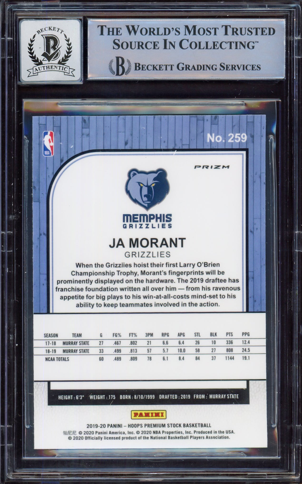 Ja Morant Autographed 2019-20 Hoops Premium Stock Prizms Pulsar Rookie Card #259 Memphis Grizzlies Auto Grade Gem Mint 10 Beckett BAS #15249210