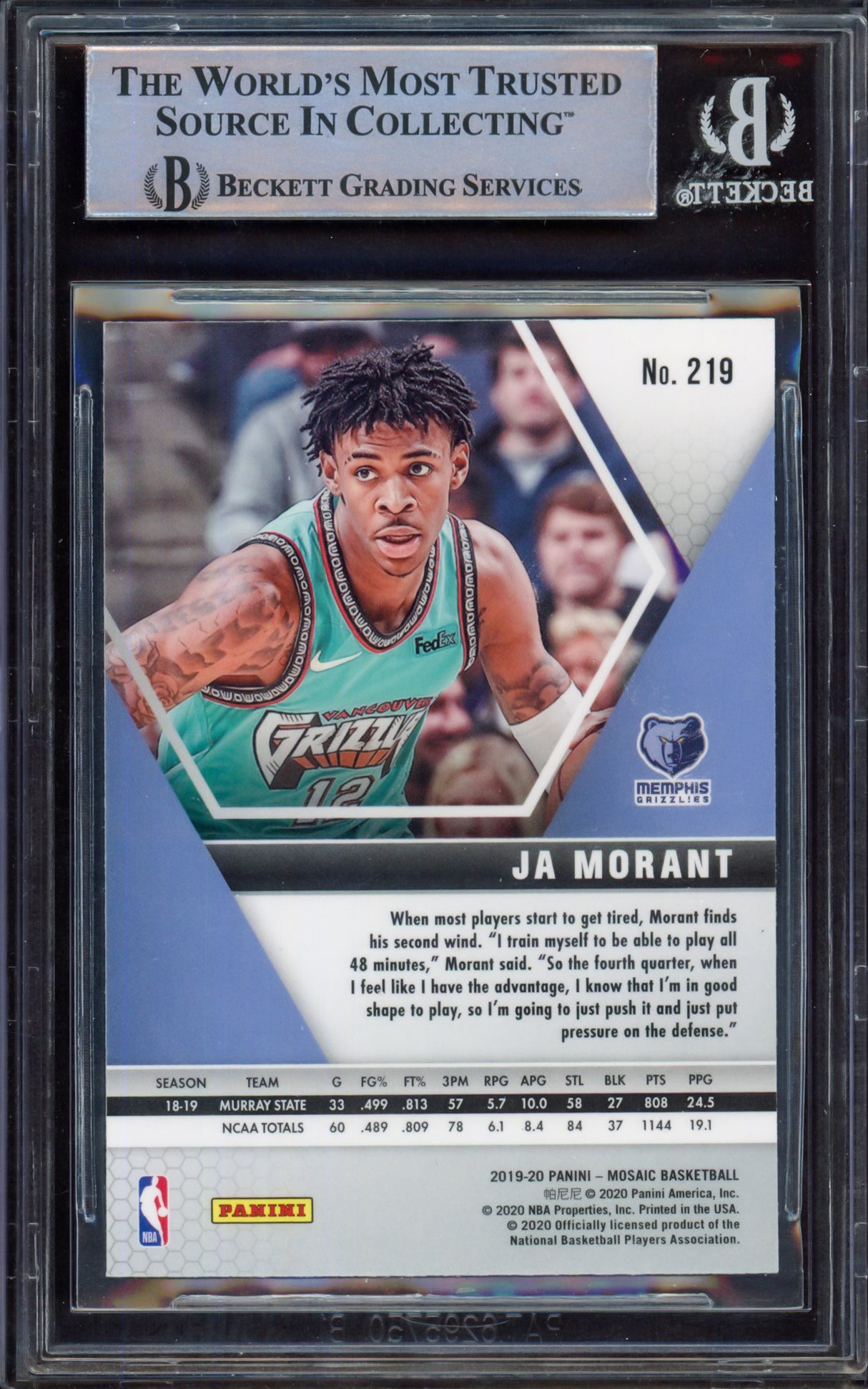 Ja Morant Autographed 2019-20 Panini Mosaic Rookie Card #219 Memphis Grizzlies Beckett BAS #15248863