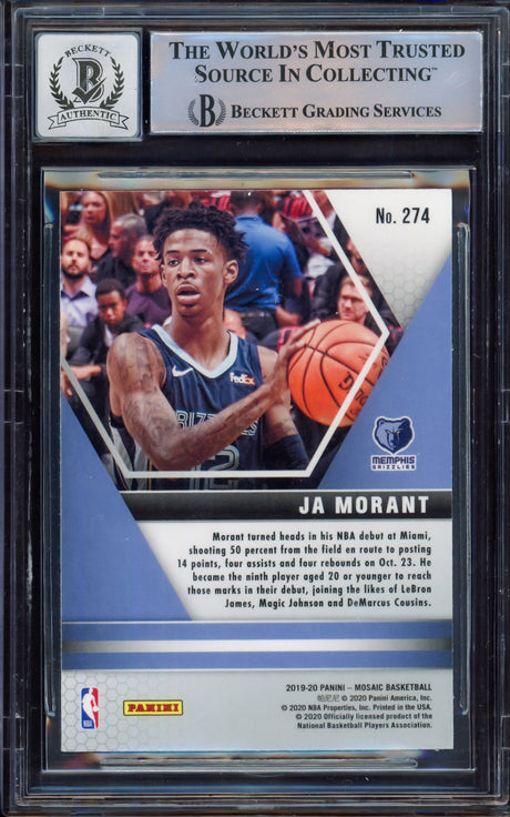 Ja Morant Autographed 2019-20 Panini Mosaic Rookie Card #274 Memphis Grizzlies Auto Grade Gem Mint 10 Beckett BAS #15249215