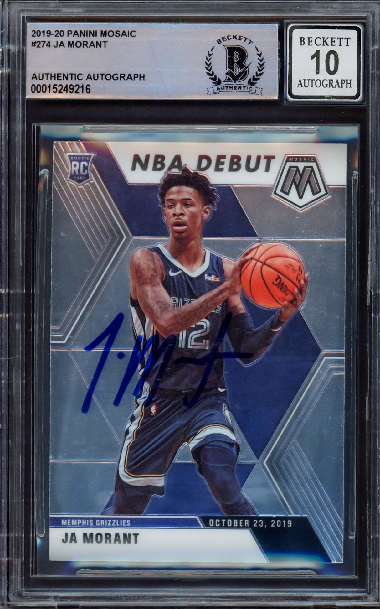 Ja Morant Autographed 2019-20 Panini Mosaic Rookie Card #274 Memphis Grizzlies Auto Grade Gem Mint 10 Beckett BAS #15249216