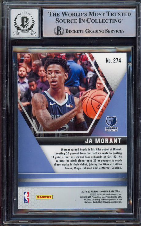 Ja Morant Autographed 2019-20 Panini Mosaic Rookie Card #274 Memphis Grizzlies Auto Grade Gem Mint 10 Beckett BAS #15249216