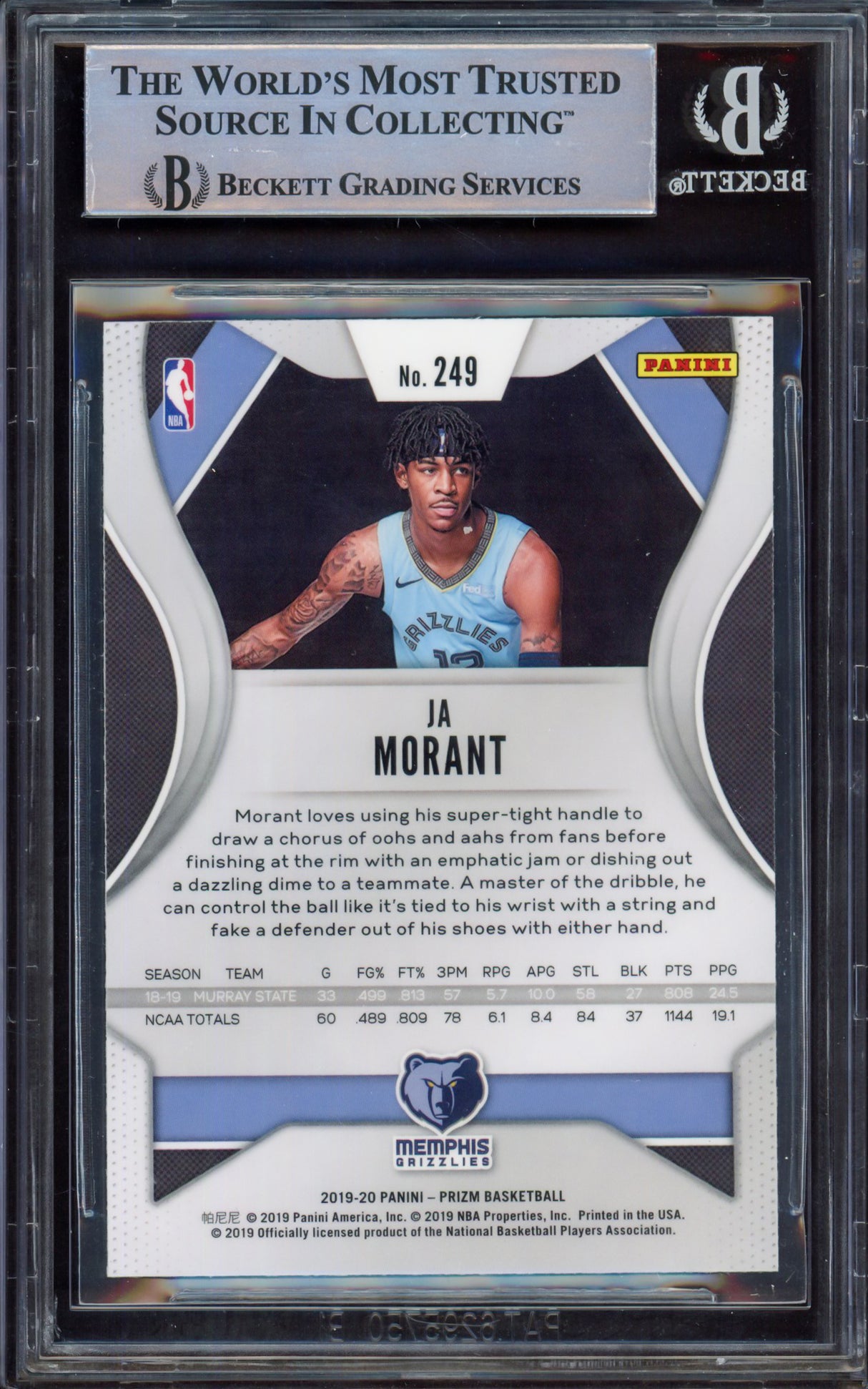 Ja Morant Autographed 2019-20 Panini Prizm Rookie Card #249 Memphis Grizzlies Beckett BAS #15248881