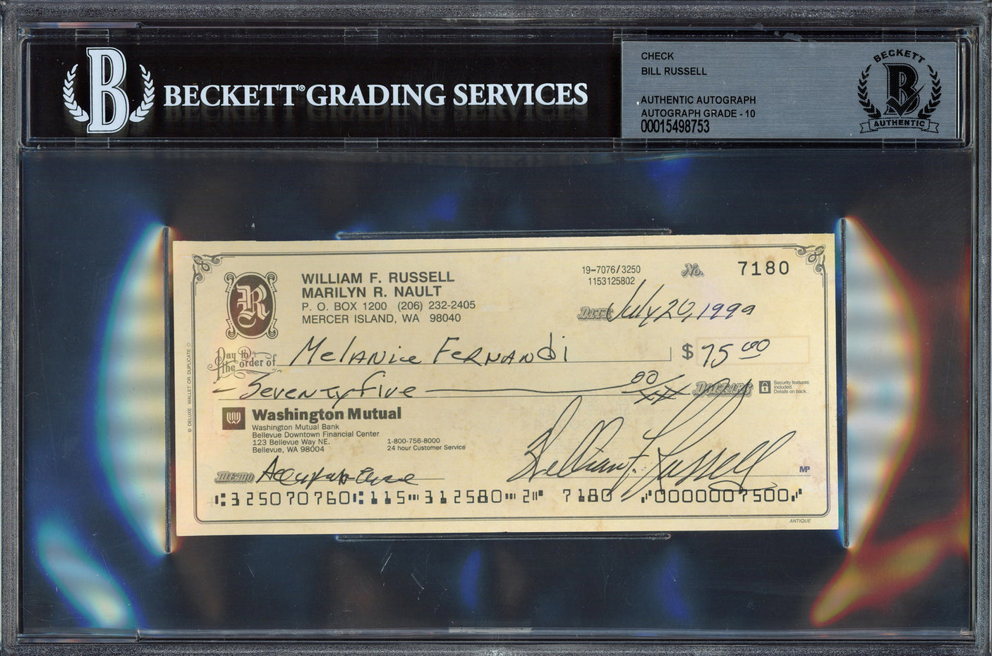 Bill Russell Autographed Check Boston Celtics Auto Grade Gem Mint 10 Beckett BAS #15498753