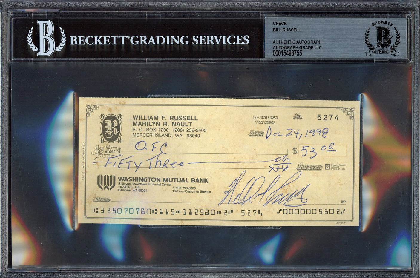 Bill Russell Autographed Check Boston Celtics Auto Grade Gem Mint 10 Beckett BAS #15498755