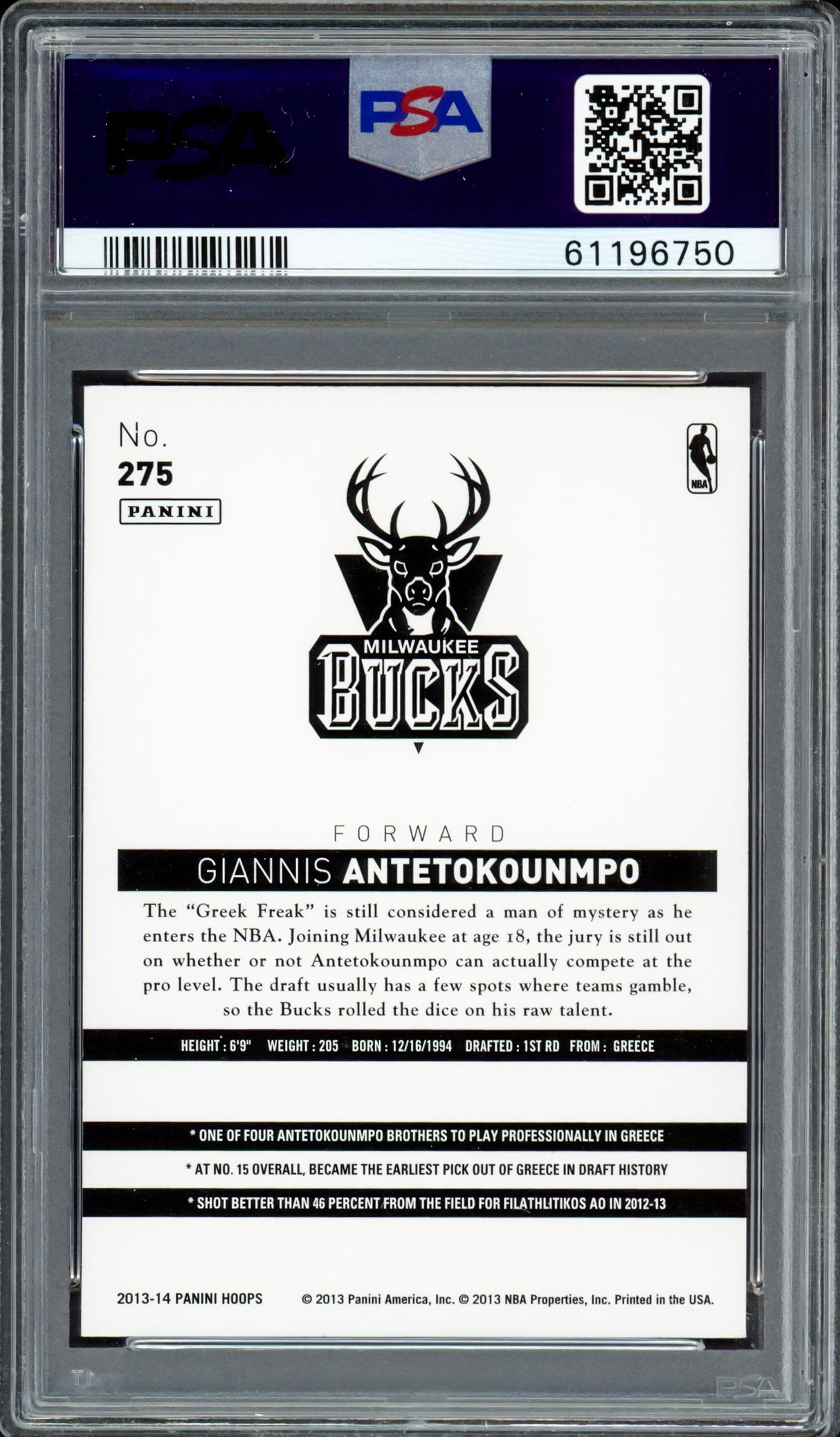 Giannis Antetokounmpo Autographed 2013 Panini Hoops Rookie Card #275 Milwaukee Bucks PSA 8 PSA/DNA #61196750