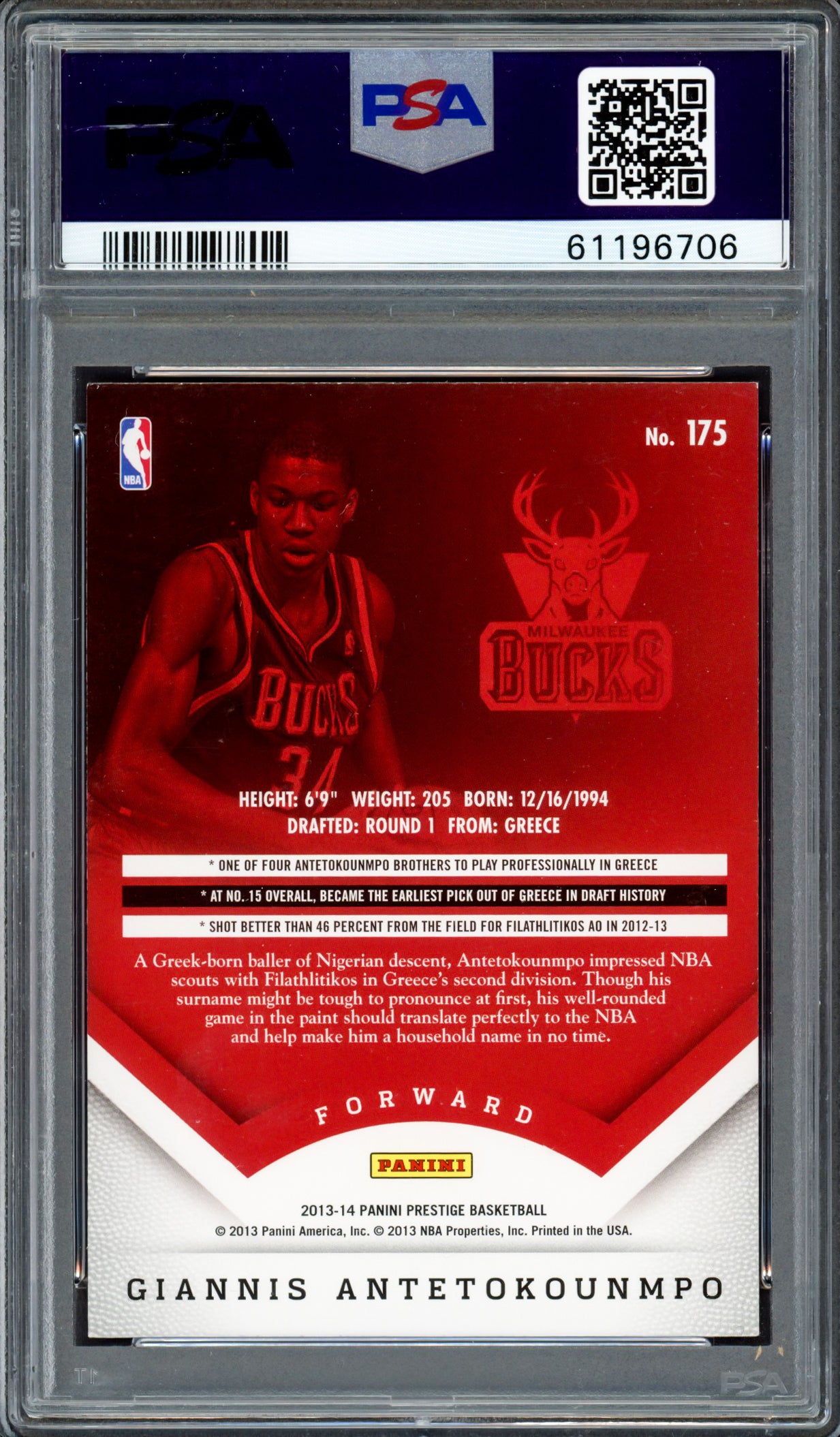 Giannis Antetokounmpo Autographed 2013 Panini Prestige Rookie Card #175 Milwaukee Bucks Auto Grade Gem Mint 10 PSA/DNA #61196706