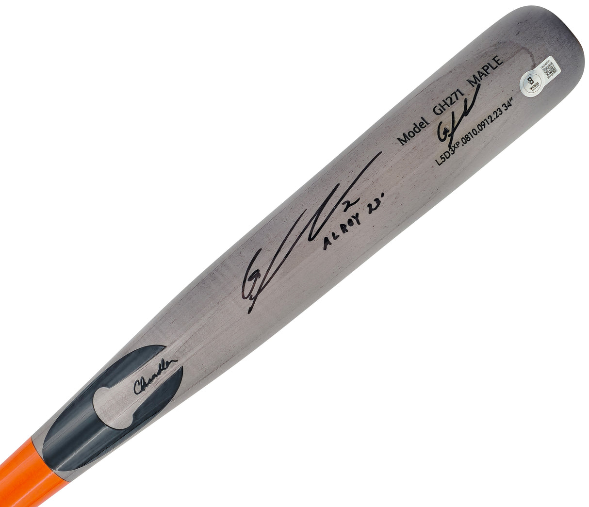 Gunnar Henderson Autographed Gray Chandler Player Model Baseball Bat Baltimore Orioles "AL ROY 23" Beckett BAS Witness Stock #225829