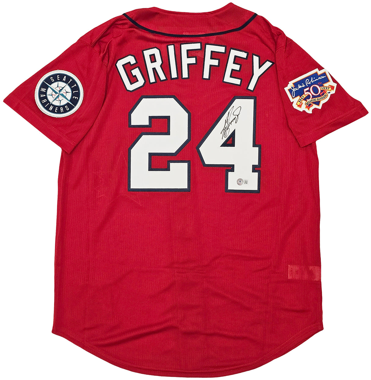 Seattle Mariners Ken Griffey Jr. Autographed Red Authentic Mitchell & Ness 1997 All Star Game Jersey Size L Jackie Robinson Patch Beckett BAS Witness Stock #212471