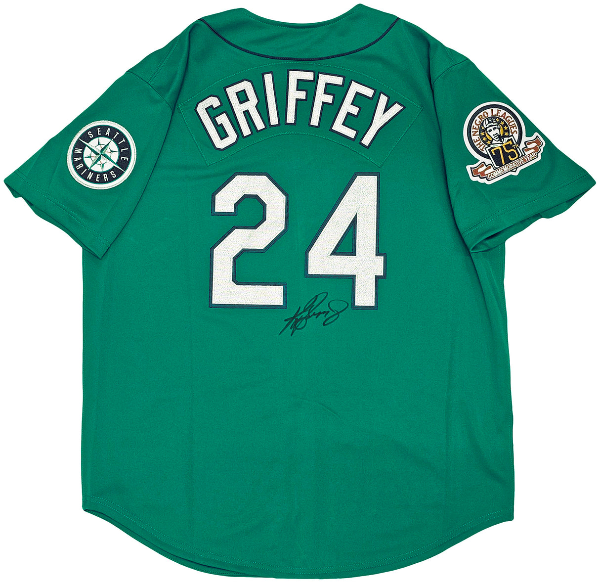 Seattle Mariners Ken Griffey Jr. Autographed Teal Authentic Mitchell & Ness 1995 Authentic Cooperstown Collection Jersey Size XL Negro League Patch Beckett BAS Witness Stock #212468