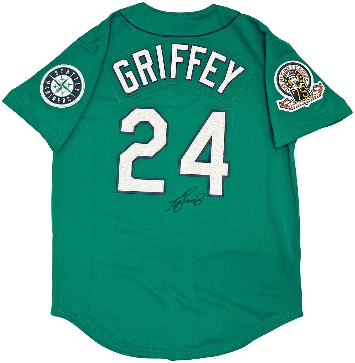 Seattle Mariners Ken Griffey Jr. Autographed Teal Authentic Mitchell & Ness 1995 Authentic Cooperstown Collection Jersey Size L Negro League Patch Beckett BAS Witness Stock #212469