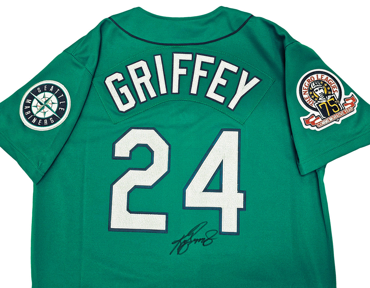 Seattle Mariners Ken Griffey Jr. Autographed Teal Authentic Mitchell & Ness 1995 Authentic Cooperstown Collection Jersey Size L Negro League Patch Beckett BAS Witness Stock #212469