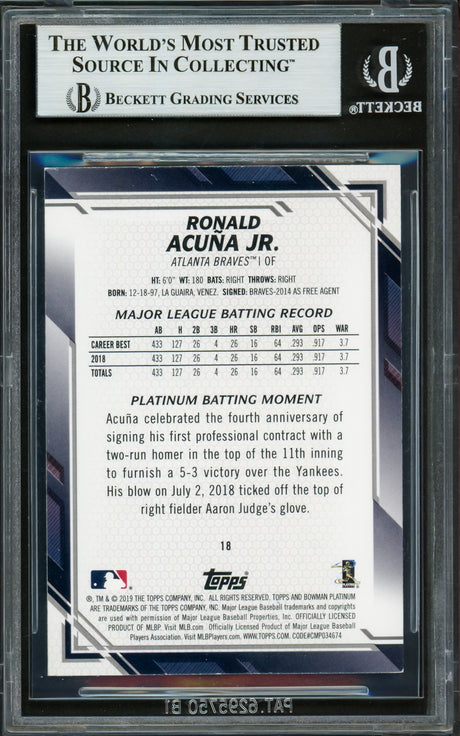 Ronald Acuna Jr. Autographed 2019 Bowman Platinum Card #18 Atlanta Braves Beckett BAS #16710432