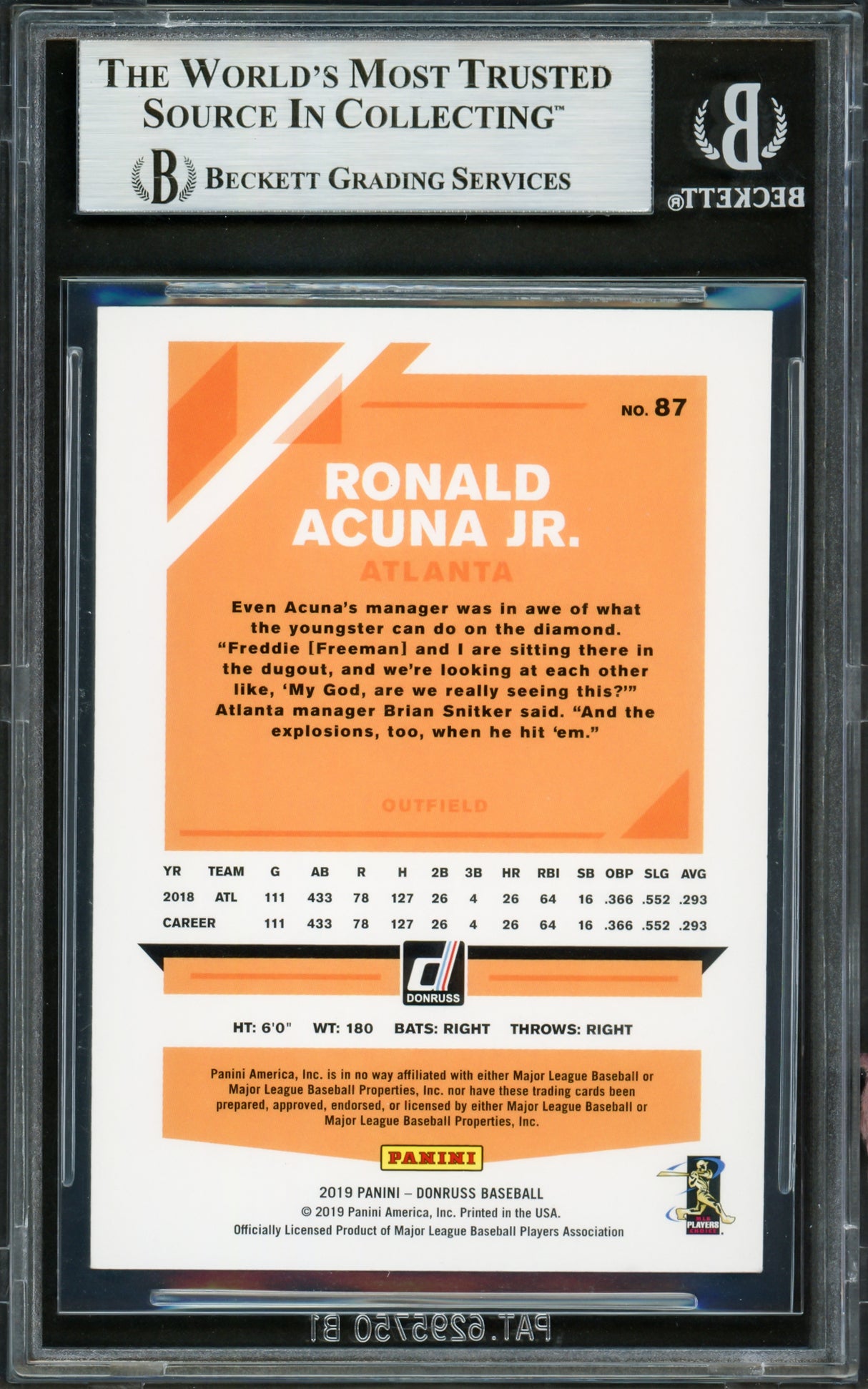 Ronald Acuna Jr. Autographed 2019 Donruss Card #87 Atlanta Braves Beckett BAS #16710459