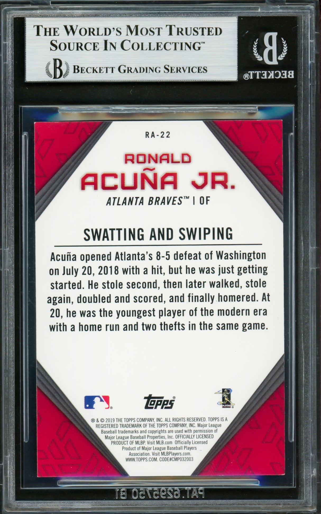 Ronald Acuna Jr. Autographed 2019 Topps Player Highlights Card #RA-22 Atlanta Braves Beckett BAS #16710636