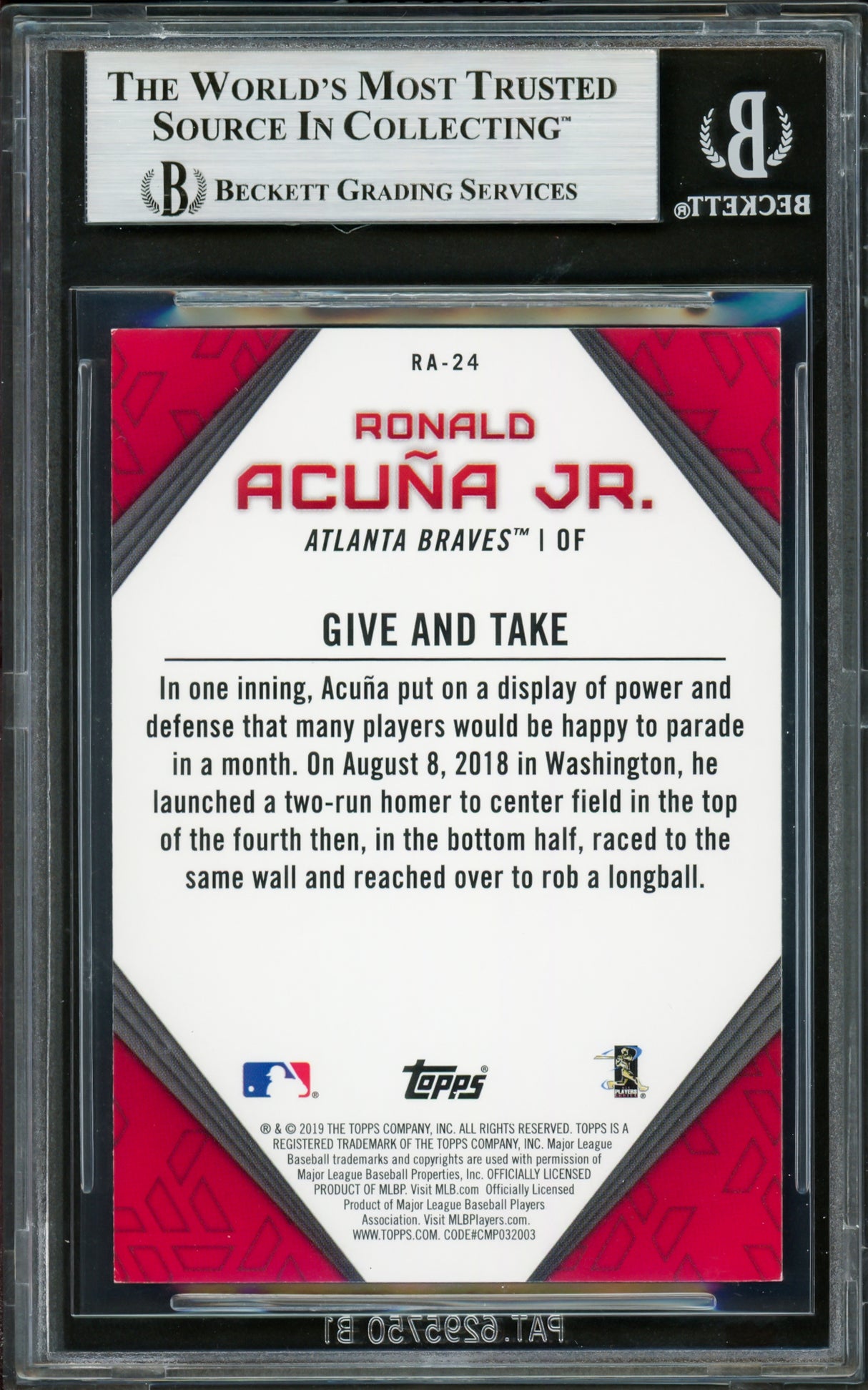 Ronald Acuna Jr. Autographed 2019 Topps Player Highlights Card #RA-24 Atlanta Braves Beckett BAS #16710640