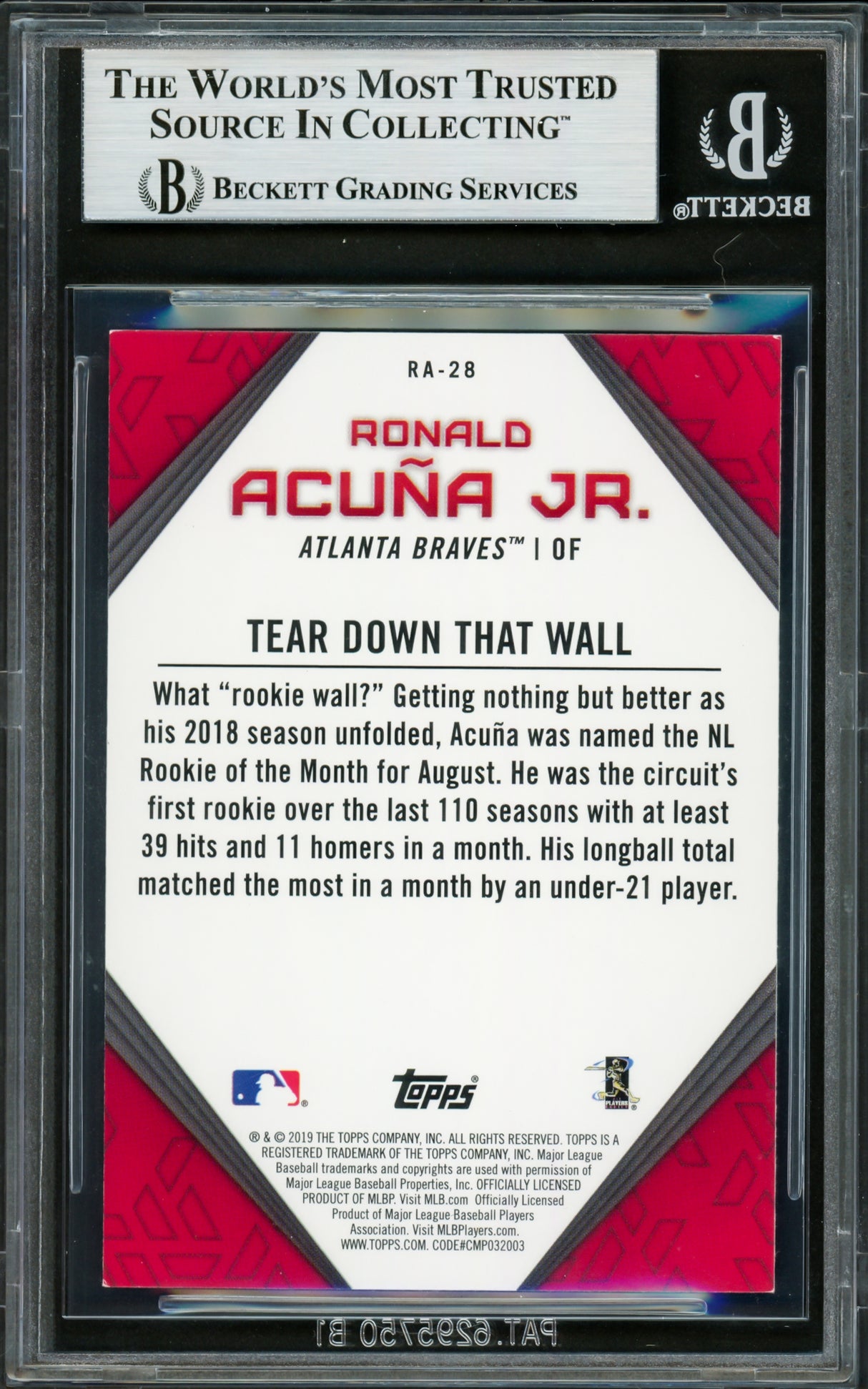 Ronald Acuna Jr. Autographed 2019 Topps Player Highlights Card #RA-28 Atlanta Braves Beckett BAS #16710670