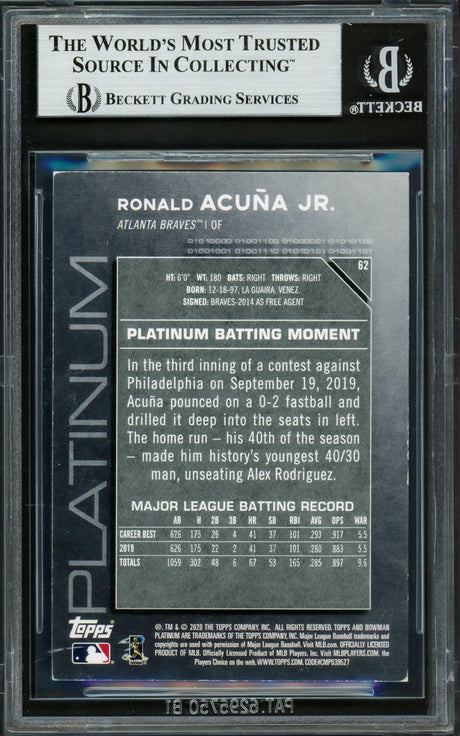 Ronald Acuna Jr. Autographed 2020 Bowman Platinum Card #62 Atlanta Braves Beckett BAS #16710768