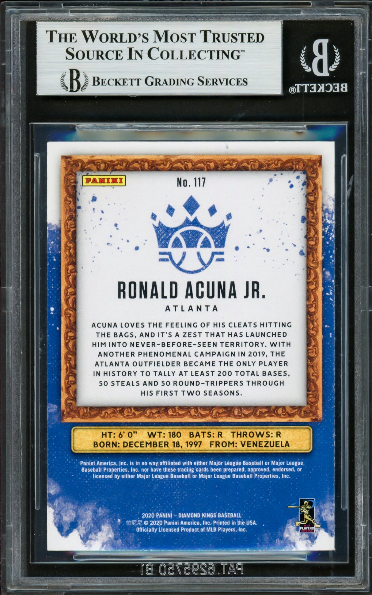 Ronald Acuna Jr. Autographed 2020 Panini Diamond Kings Card #117 Atlanta Braves Beckett BAS #16710823