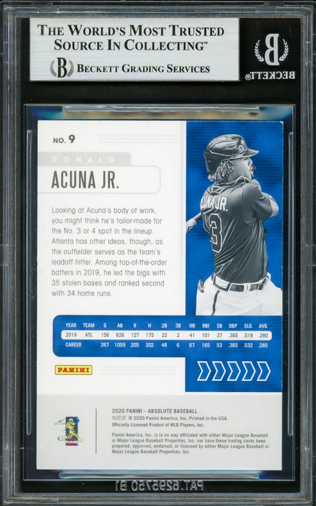 Ronald Acuna Jr. Autographed 2020 Panini Absolute Card #9 Atlanta Braves Beckett BAS #16710838