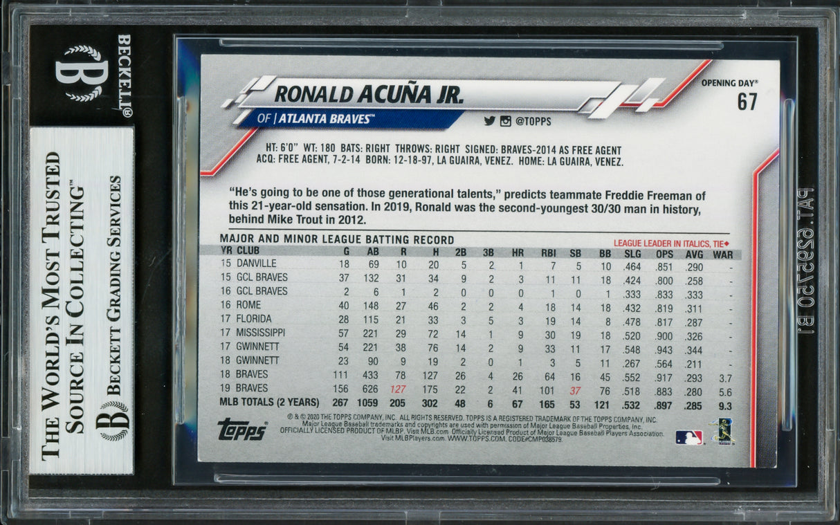 Ronald Acuna Jr. Autographed 2020 Topps Opening Day Card #67 Atlanta Braves Beckett BAS #16710954