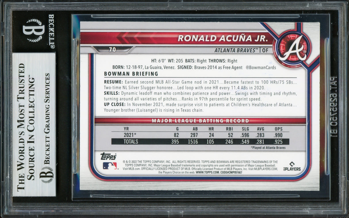 Ronald Acuna Jr. Autographed 2022 Bowman Card #70 Atlanta Braves Beckett BAS #16711134