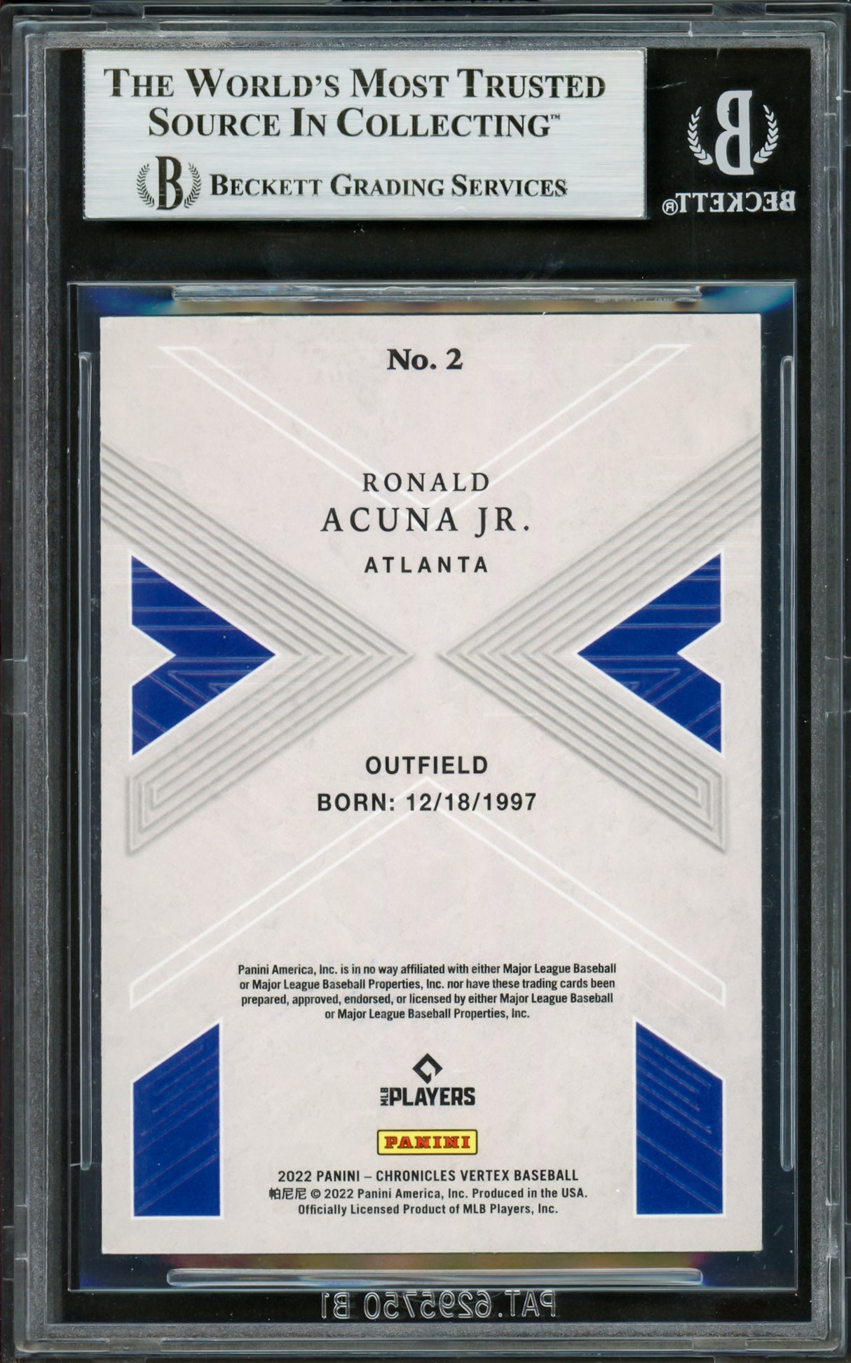 Ronald Acuna Jr. Autographed 2022 Panini Chronicles Vertex Card #2 Atlanta Braves Beckett BAS #16711182