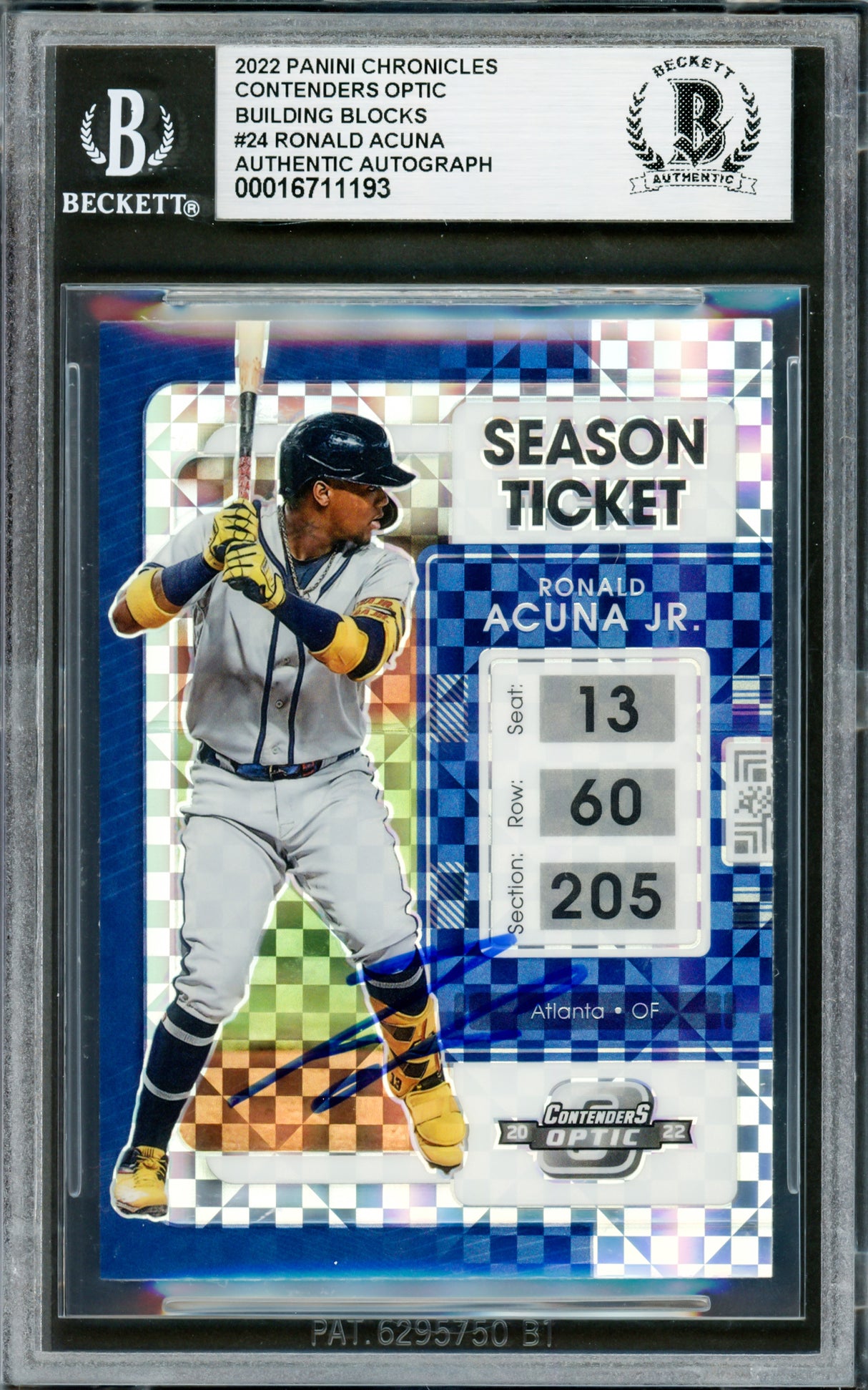 Ronald Acuna Jr. Autographed 2022 Contenders Optic Building Blocks Prizm Card #24 Atlanta Braves Beckett BAS #16711193