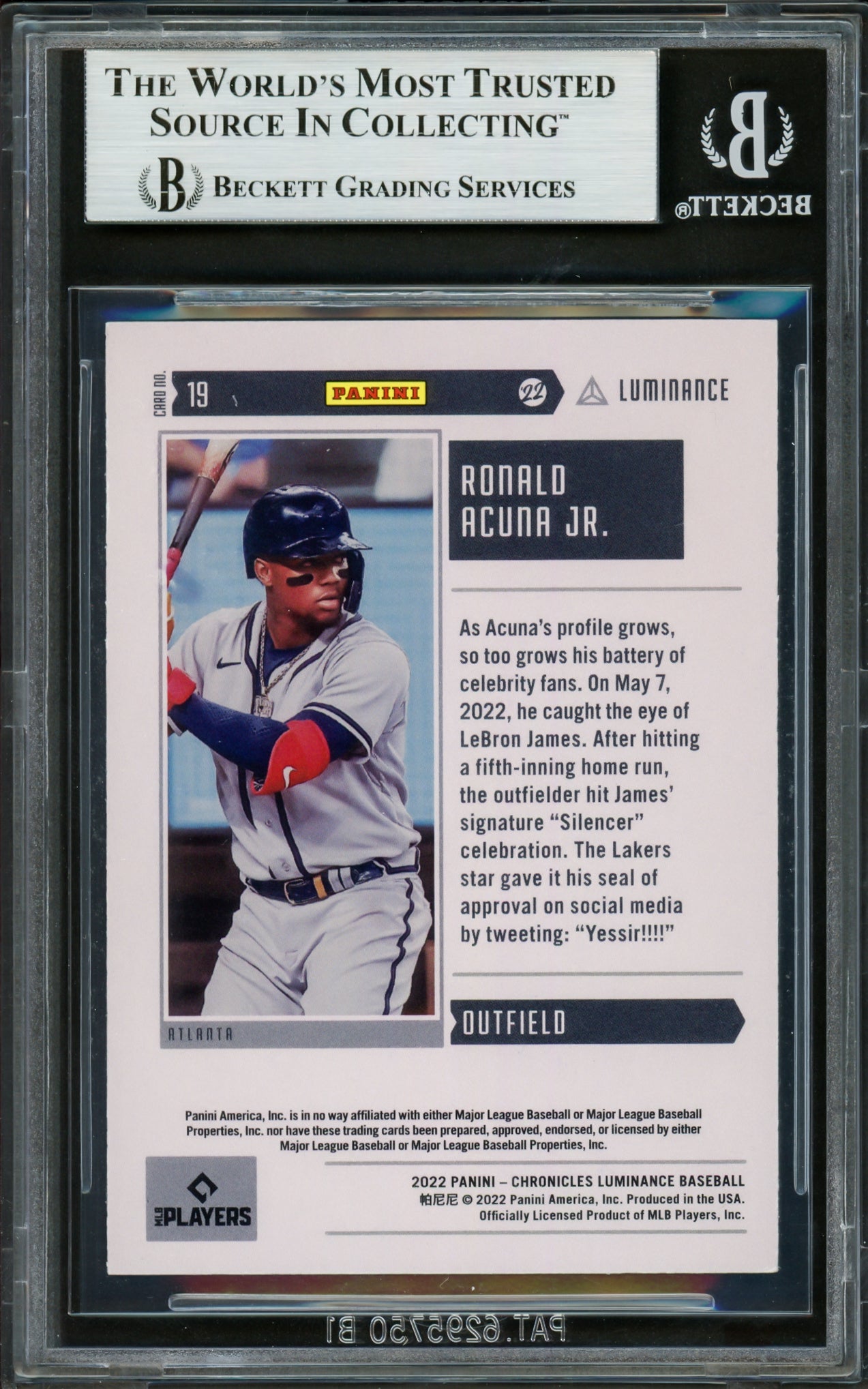 Ronald Acuna Jr. Autographed 2022 Panini Luminance Card #19 Atlanta Braves Beckett BAS #16711203