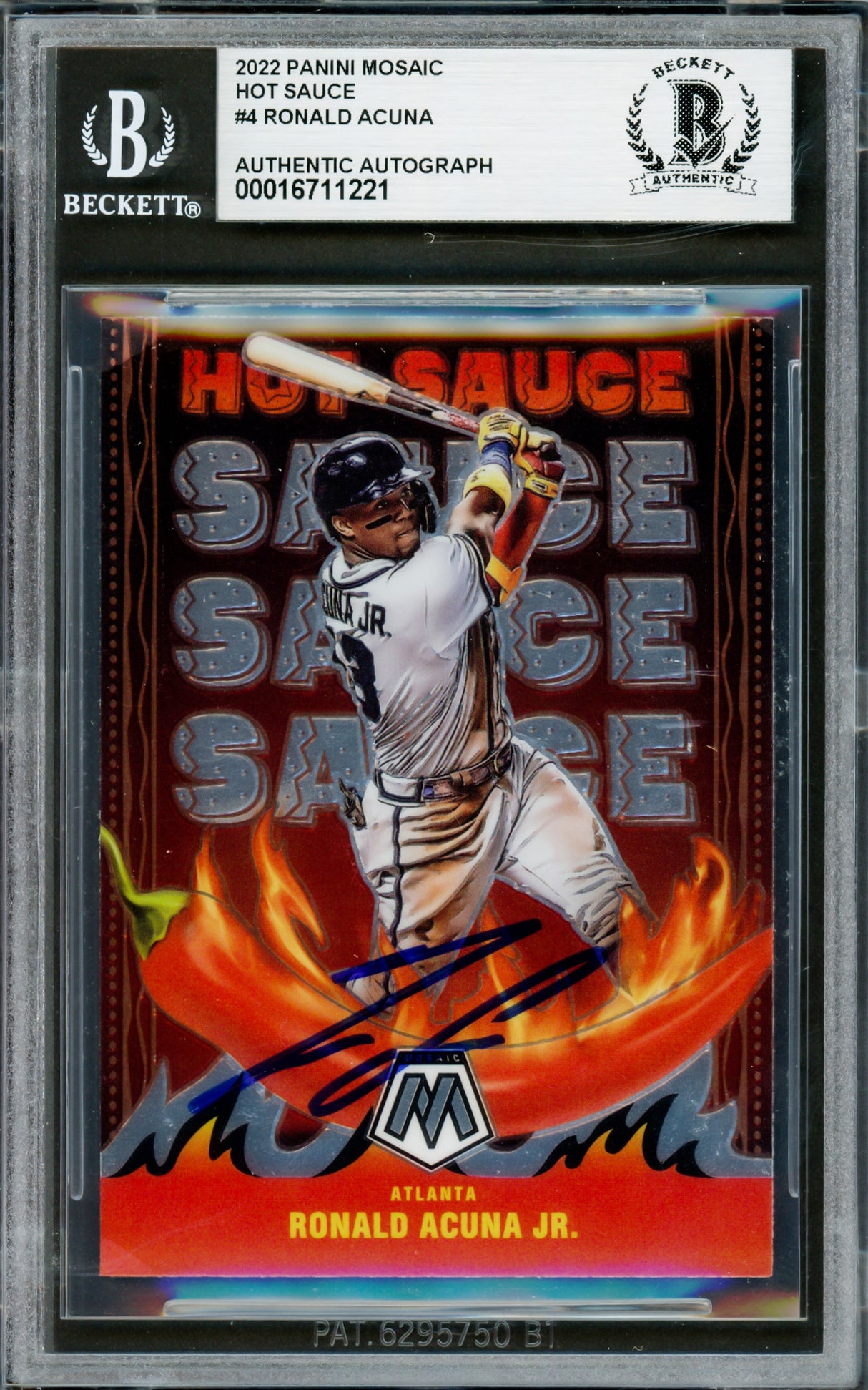 Ronald Acuna Jr. Autographed 2022 Panini Mosaic Hot Sauce Card #HS4 Atlanta Braves Beckett BAS #16711221