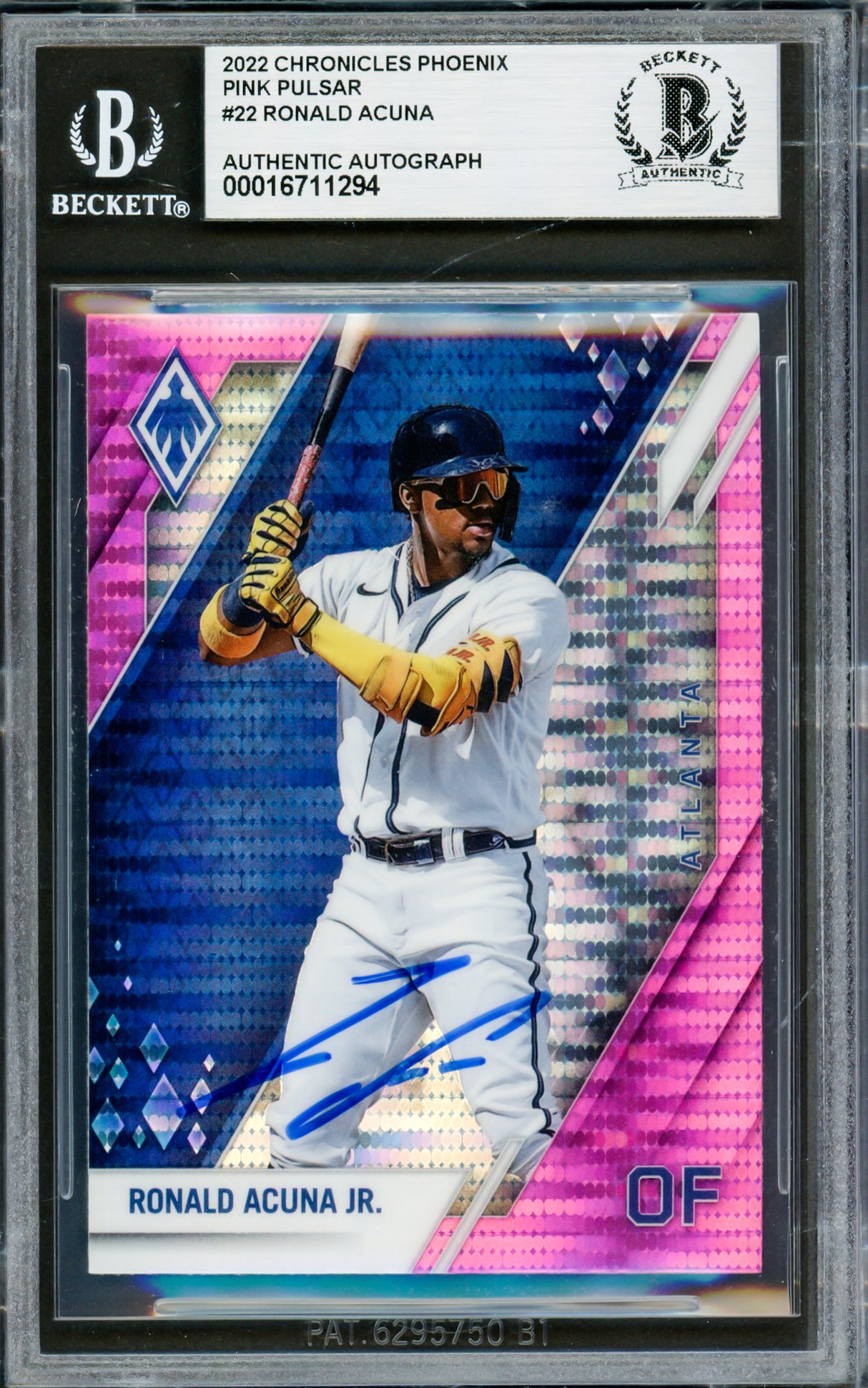 Ronald Acuna Jr. Autographed 2022 Panini Phoenix Pink Pulsar Card #22 Atlanta Braves Beckett BAS #16711294