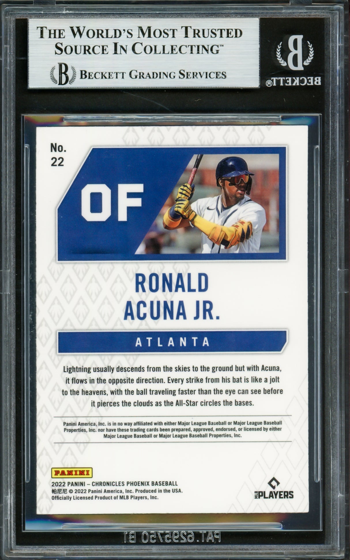 Ronald Acuna Jr. Autographed 2022 Panini Phoenix Pink Pulsar Card #22 Atlanta Braves Beckett BAS #16711294