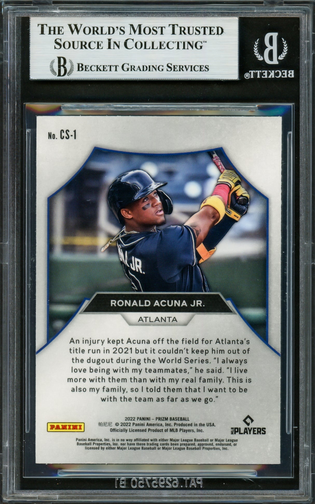 Ronald Acuna Jr. Autographed 2022 Panini Prizm Championship Stage Card #CS1 Atlanta Braves Beckett BAS #16711347