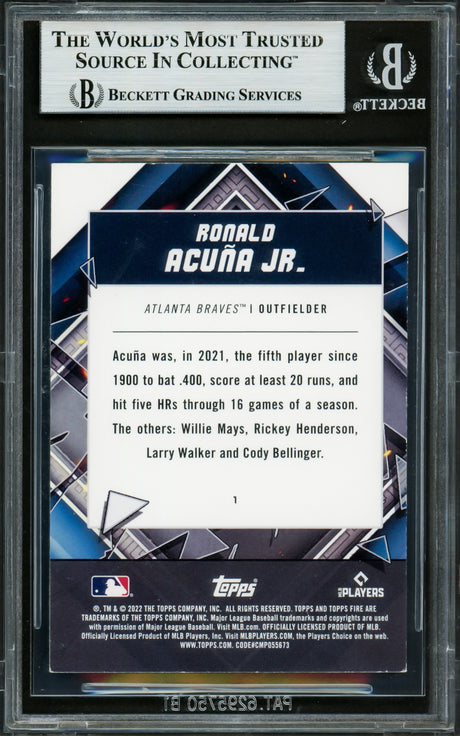 Ronald Acuna Jr. Autographed 2022 Topps Fire Card #1 Atlanta Braves Beckett BAS #16711381