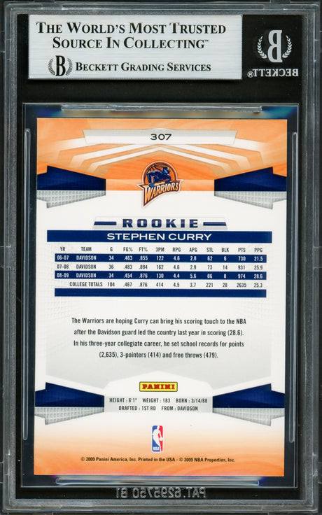 Stephen Curry Autographed 2009-10 Panini Rookie Card #307 Golden State Warriors Beckett BAS #16713299