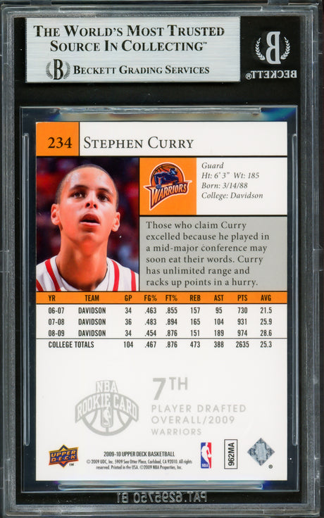 Stephen Curry Autographed 2009-10 Upper Deck Rookie Card #234 Golden State Warriors Beckett BAS #16713323