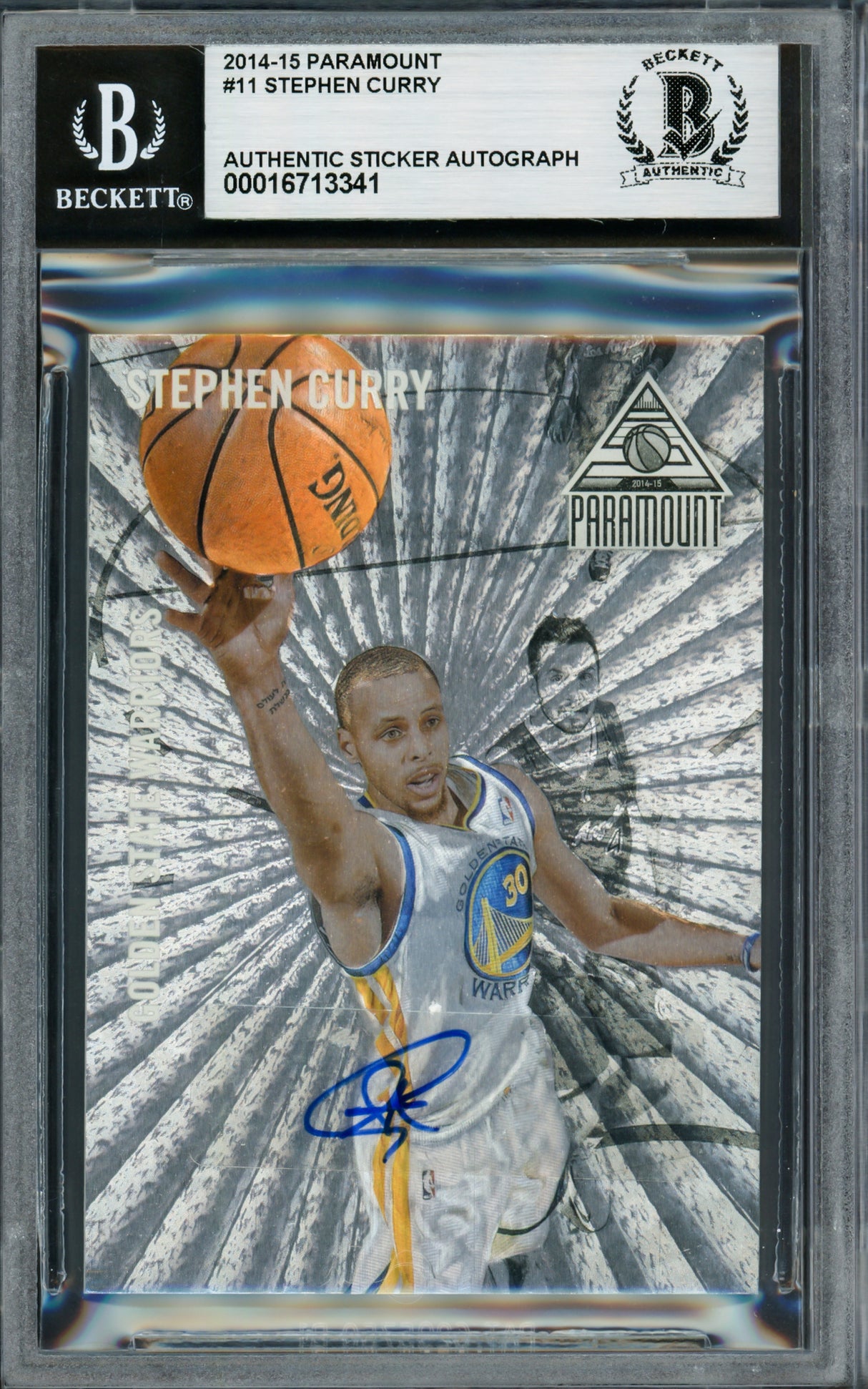 Stephen Curry Autographed 2014-15 Paramount Card #11 Golden State Warriors Beckett BAS #16713341