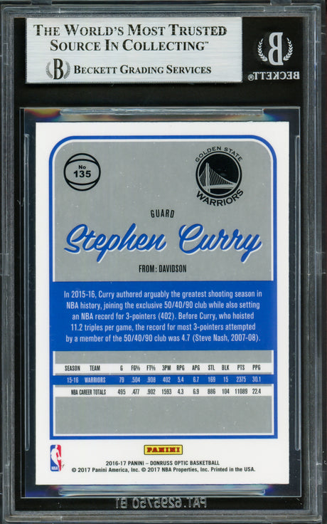 Stephen Curry Autographed 2016-17 Donruss Optic Card #135 Golden State Warriors Beckett BAS #16713380