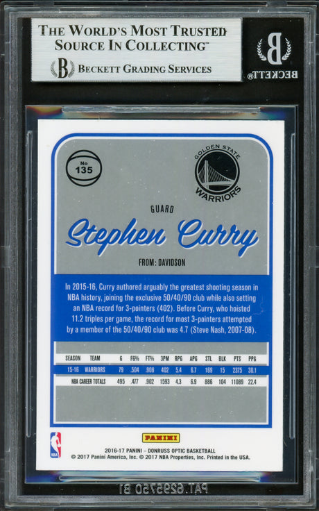 Stephen Curry Autographed 2016-17 Donruss Optic Card #135 Golden State Warriors Beckett BAS #16713381