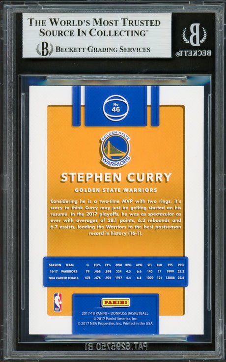 Stephen Curry Autographed 2017-18 Donruss Card #46 Golden State Warriors Beckett BAS #16713404