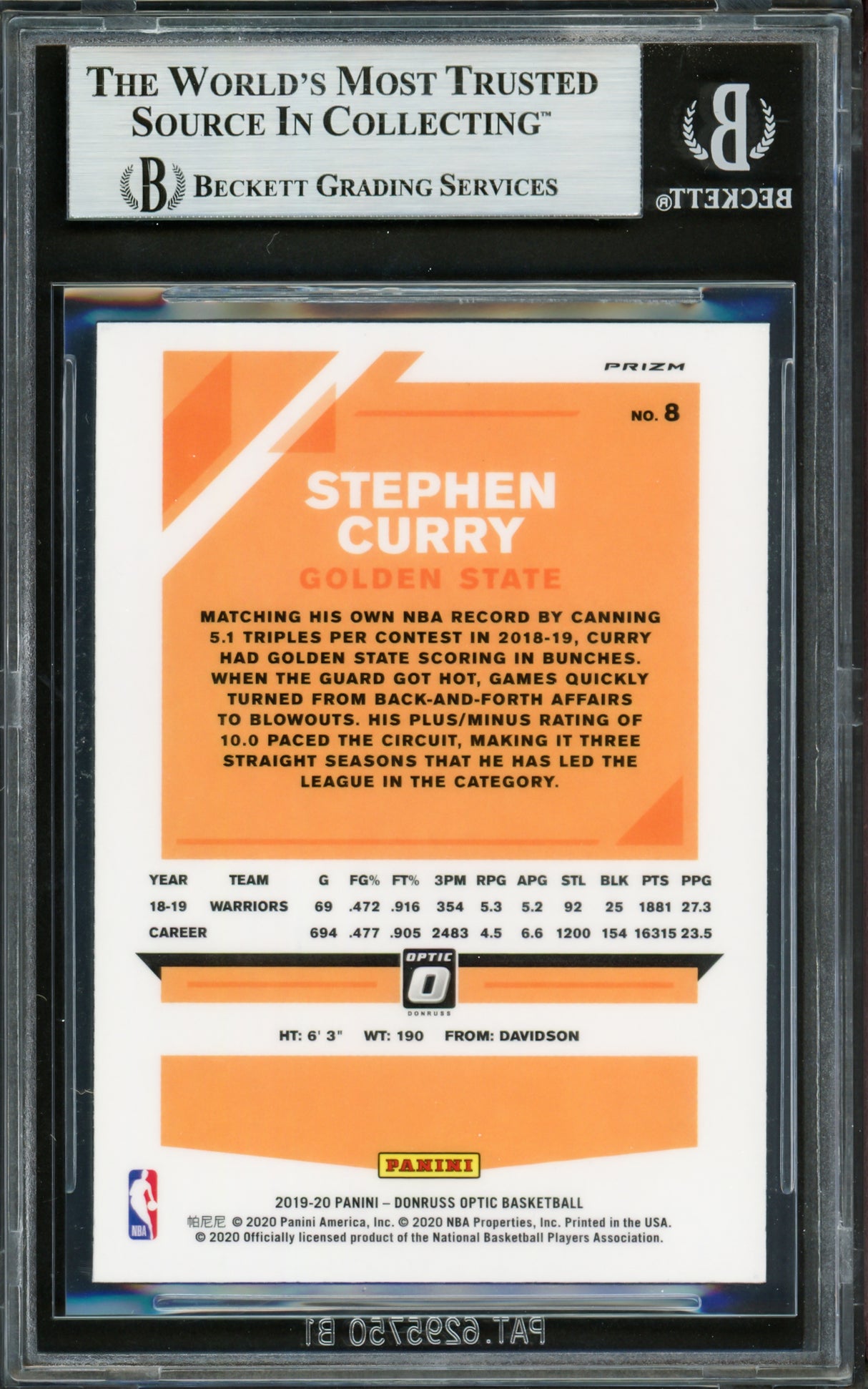 Stephen Curry Autographed 2019-20 Donruss Optic Hyper Pink Card #8 Golden State Warriors Beckett BAS #16713585