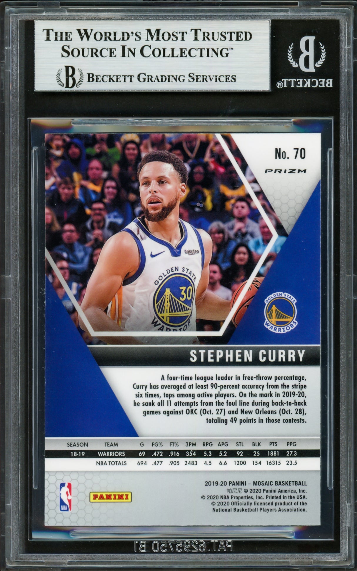 Stephen Curry Autographed 2019-20 Panini Mosaic Prizm Reactive Orange Card #70 Golden State Warriors Beckett BAS #16713608