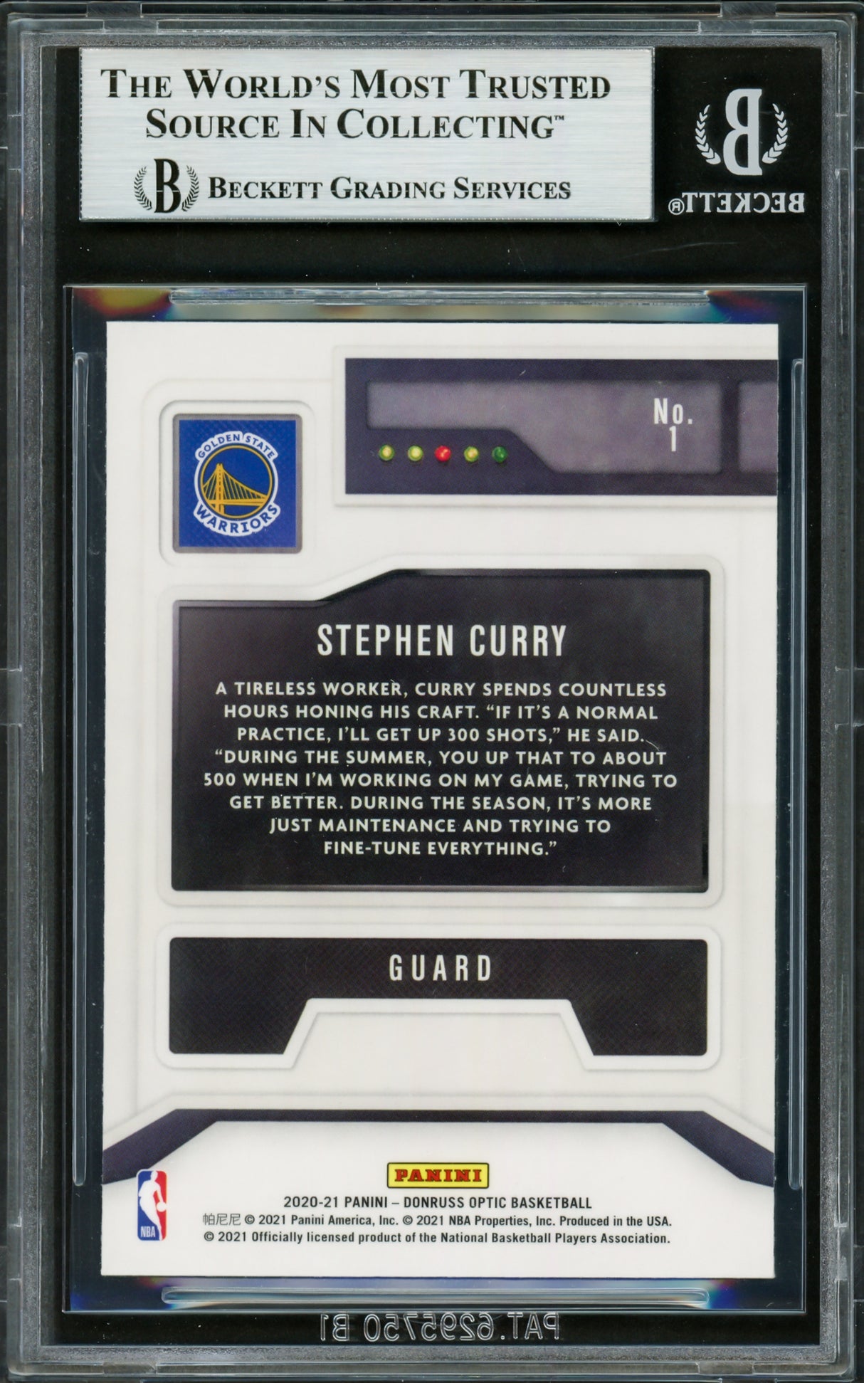 Stephen Curry Autographed 2020-21 Donruss Optic T-Minus Card #1 Golden State Warriors Beckett BAS #16713649