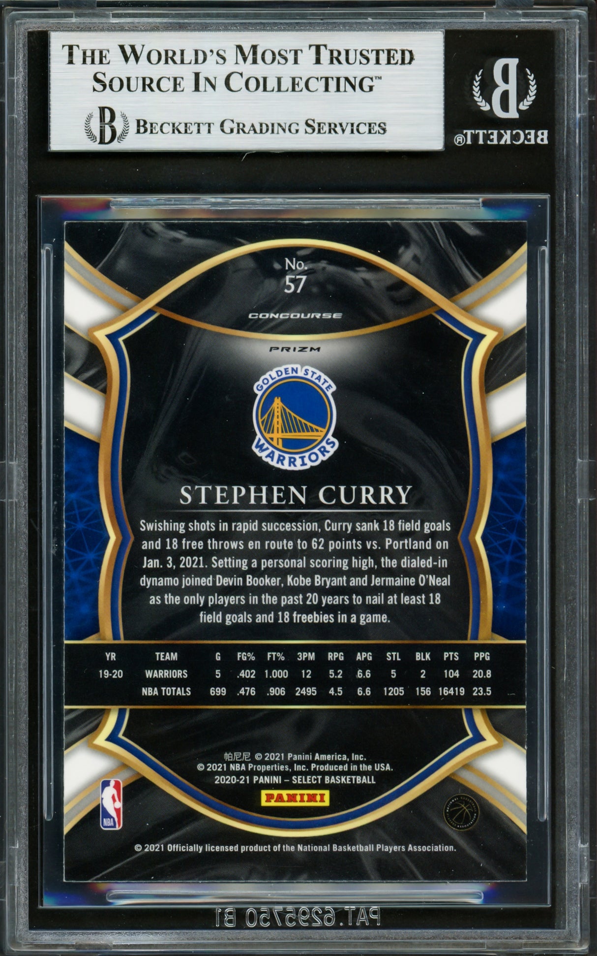 Stephen Curry Autographed 2020-21 Select Blue Prizm Card #57 Golden State Warriors Beckett BAS #16713926