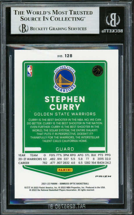 Stephen Curry Autographed 2021-22 Donruss Optic Purple Prizm Card #128 Golden State Warriors Beckett BAS #16714118