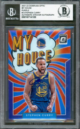 Stephen Curry Autographed 2021-22 Donruss Optic My House Purple Prizm Card #3 Golden State Warriors Beckett BAS #16714189