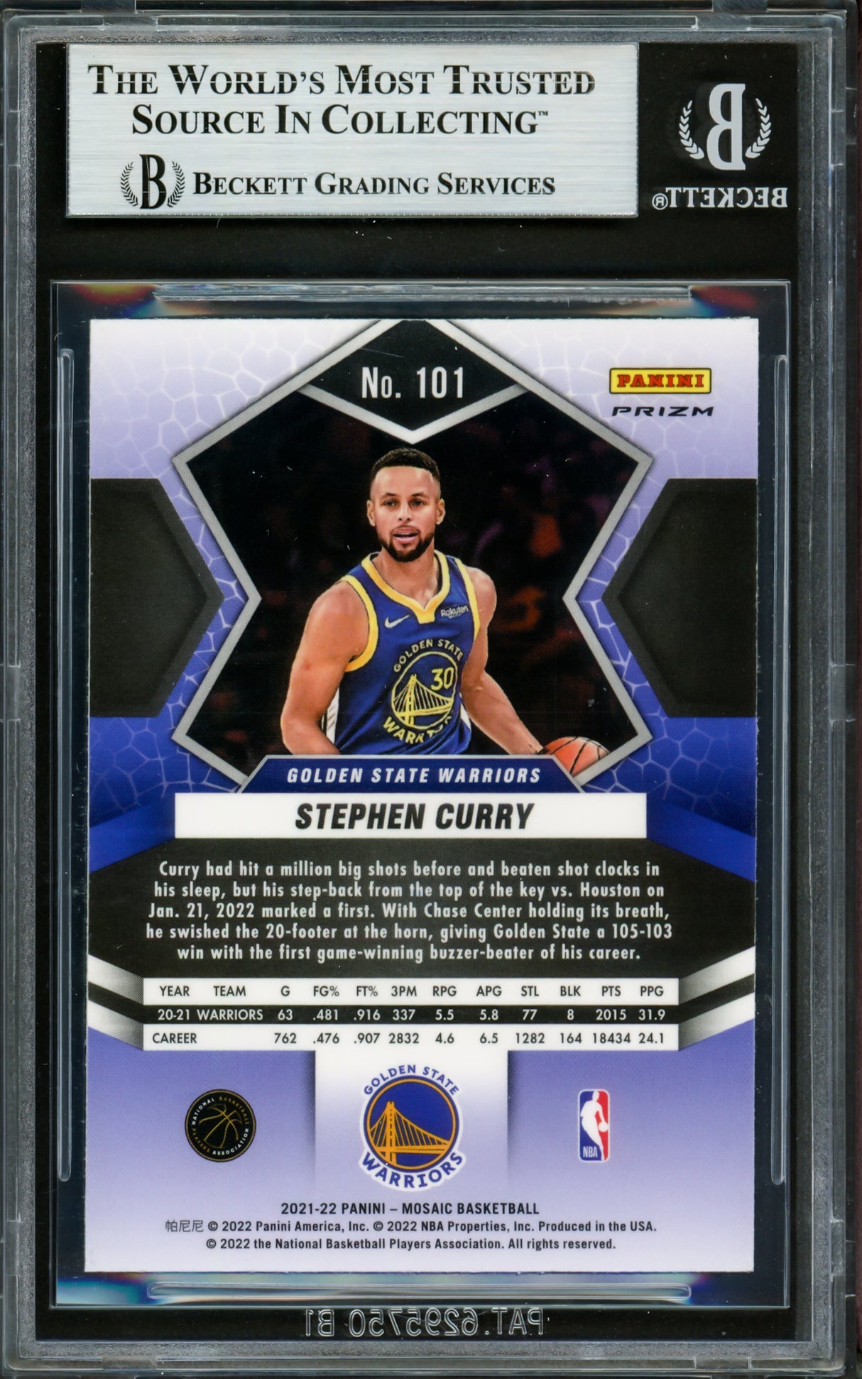 Stephen Curry Autographed 2021-22 Panini Mosaic Green Prizm Card #101 Golden State Warriors Beckett BAS #16714235