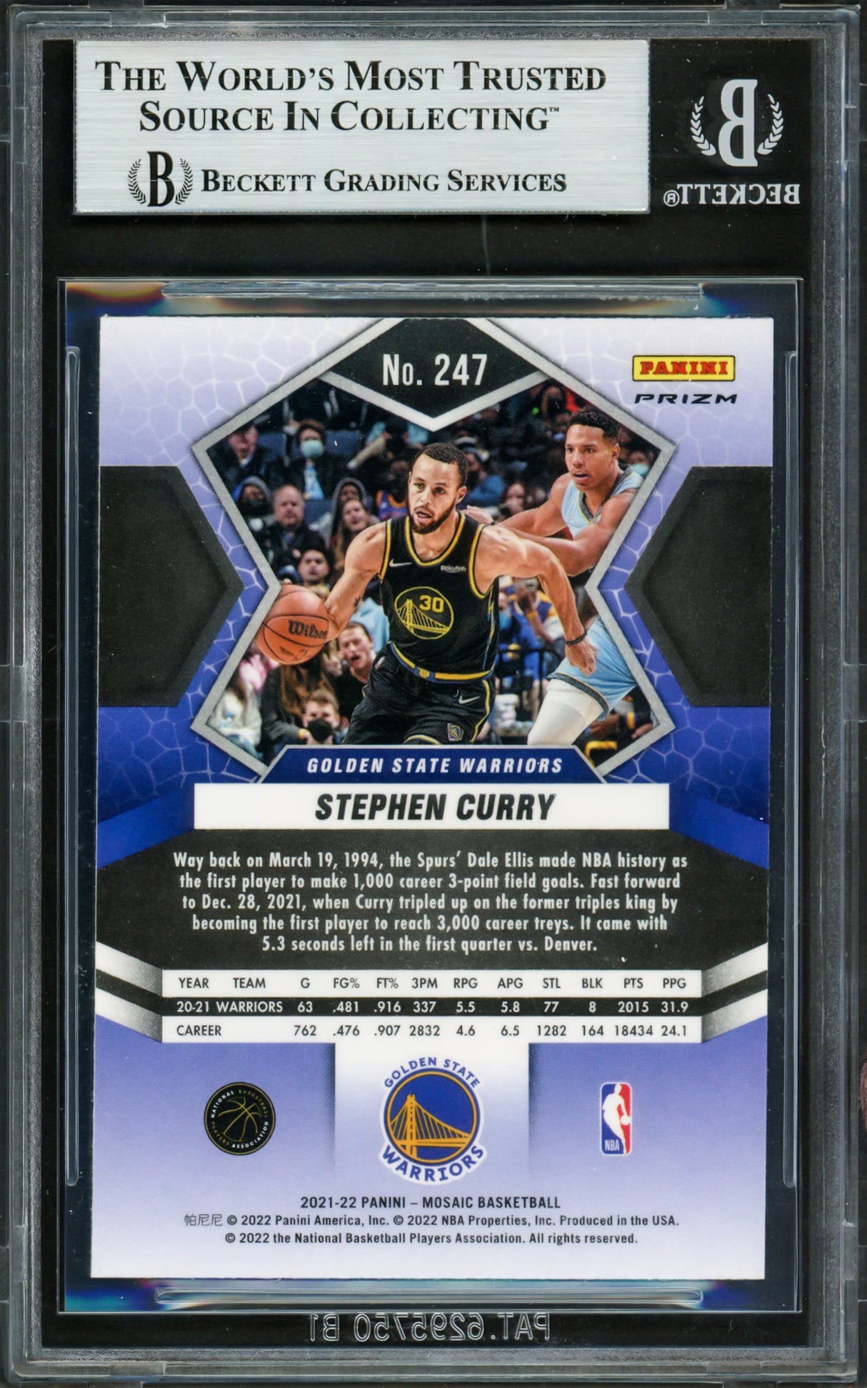 Stephen Curry Autographed 2021-22 Panini Mosaic Green Prizm Card #247 Golden State Warriors Beckett BAS #16714247